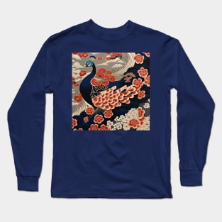 Blue and red peacock kimono pattern Long Sleeve T-Shirt